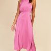 Clothing Little Mistress | Pink Satin Halter Tie Midaxi Dress