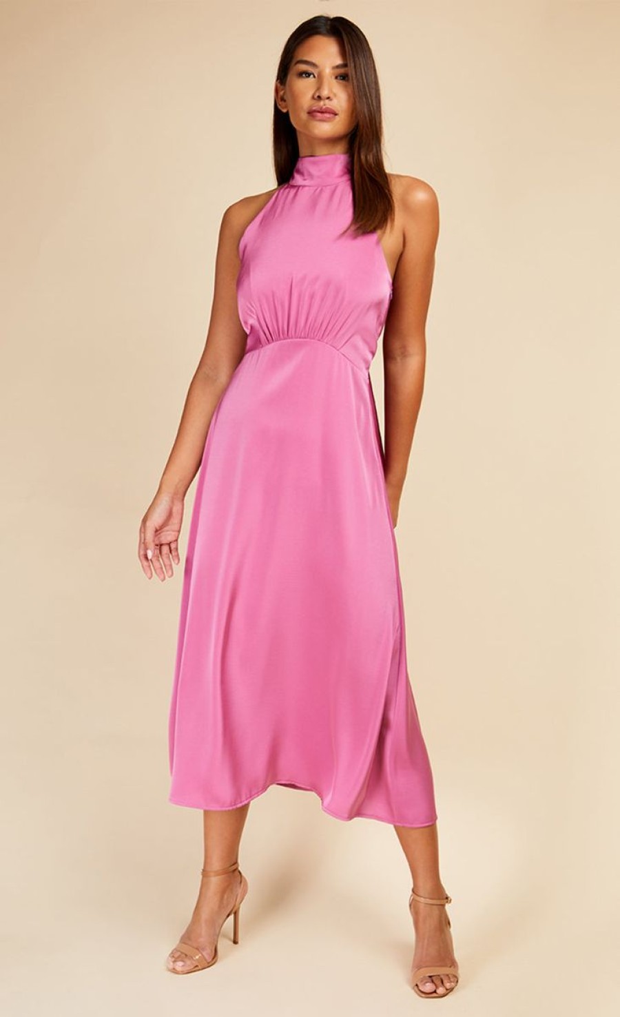 Clothing Little Mistress | Pink Satin Halter Tie Midaxi Dress