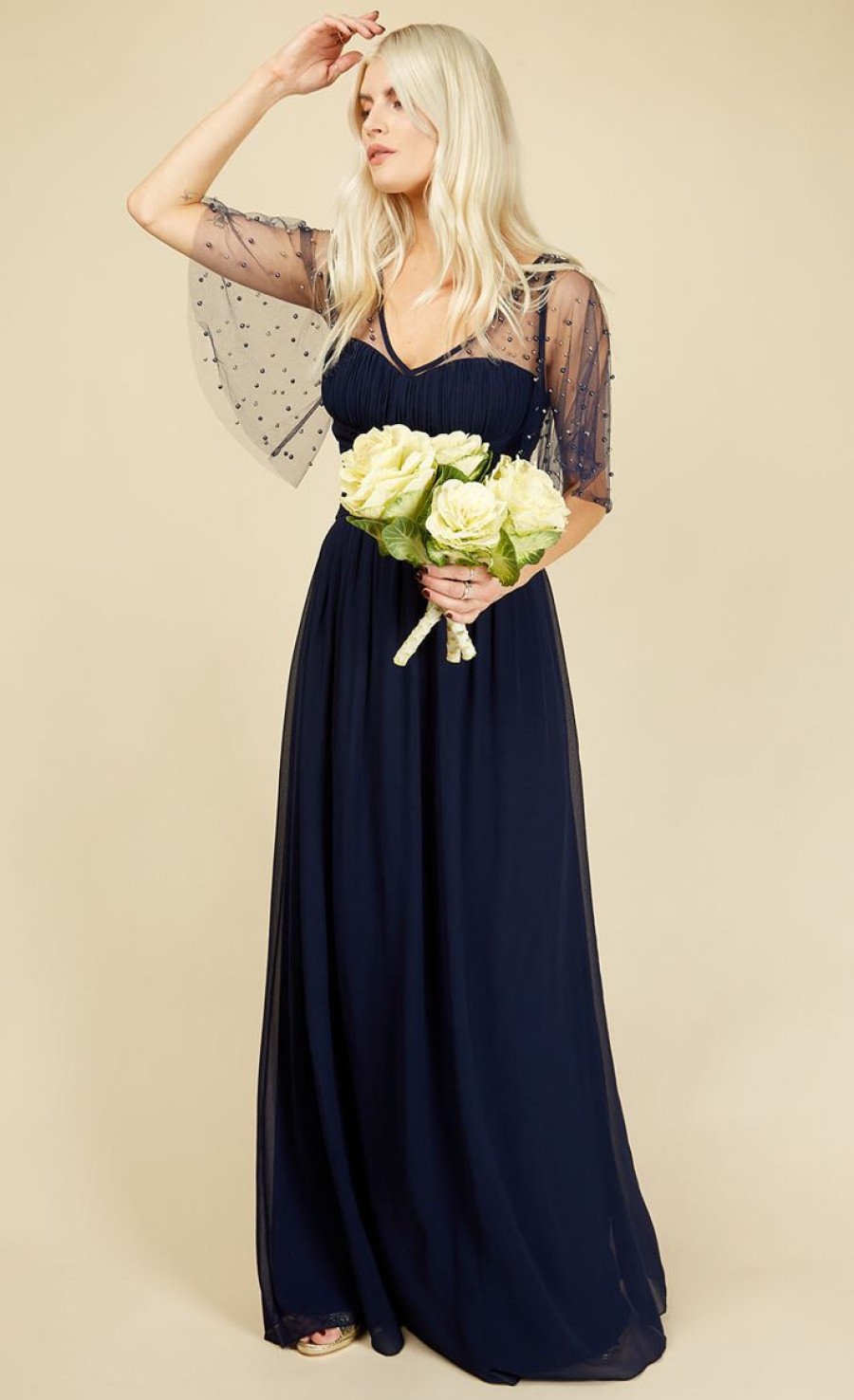 Clothing Little Mistress | Melissa Bridesmaid Navy Angel Sleeve Maxi Dress