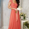 Clothing Little Mistress | Coral Rose Embellished Sleeve Maxi Dress