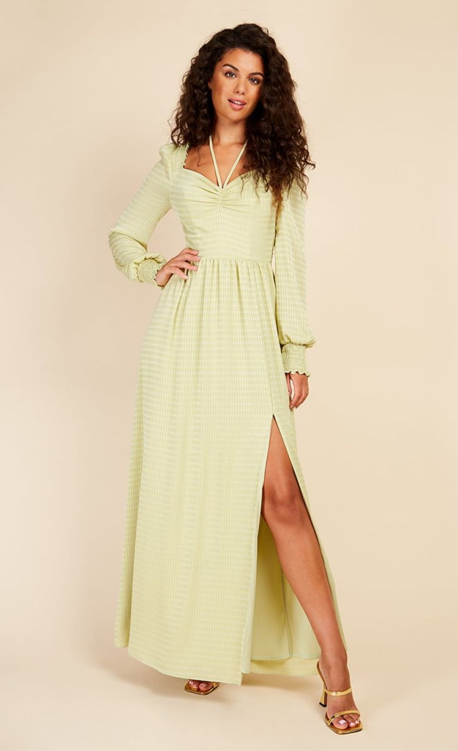 Clothing Little Mistress | Chartreuse Check Tie Neck Maxi Dress