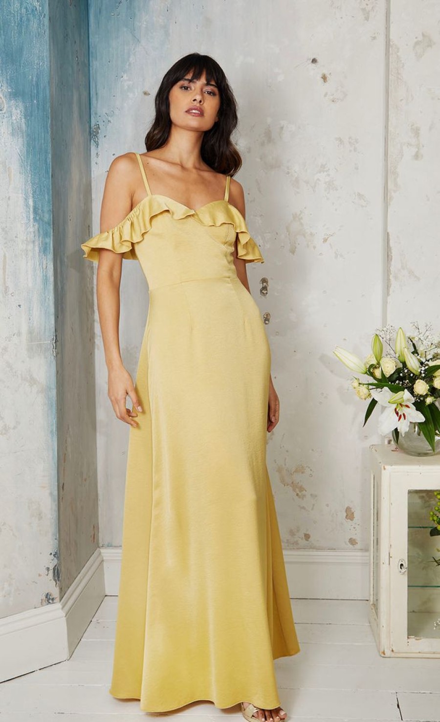 Clothing Little Mistress | Yellow Frill Cold-Shoulder Maxi Dress