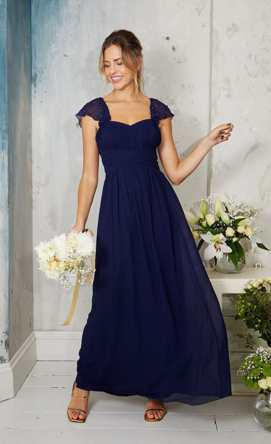 Clothing Little Mistress | Navy Embellished Sleeve Maxi Dress