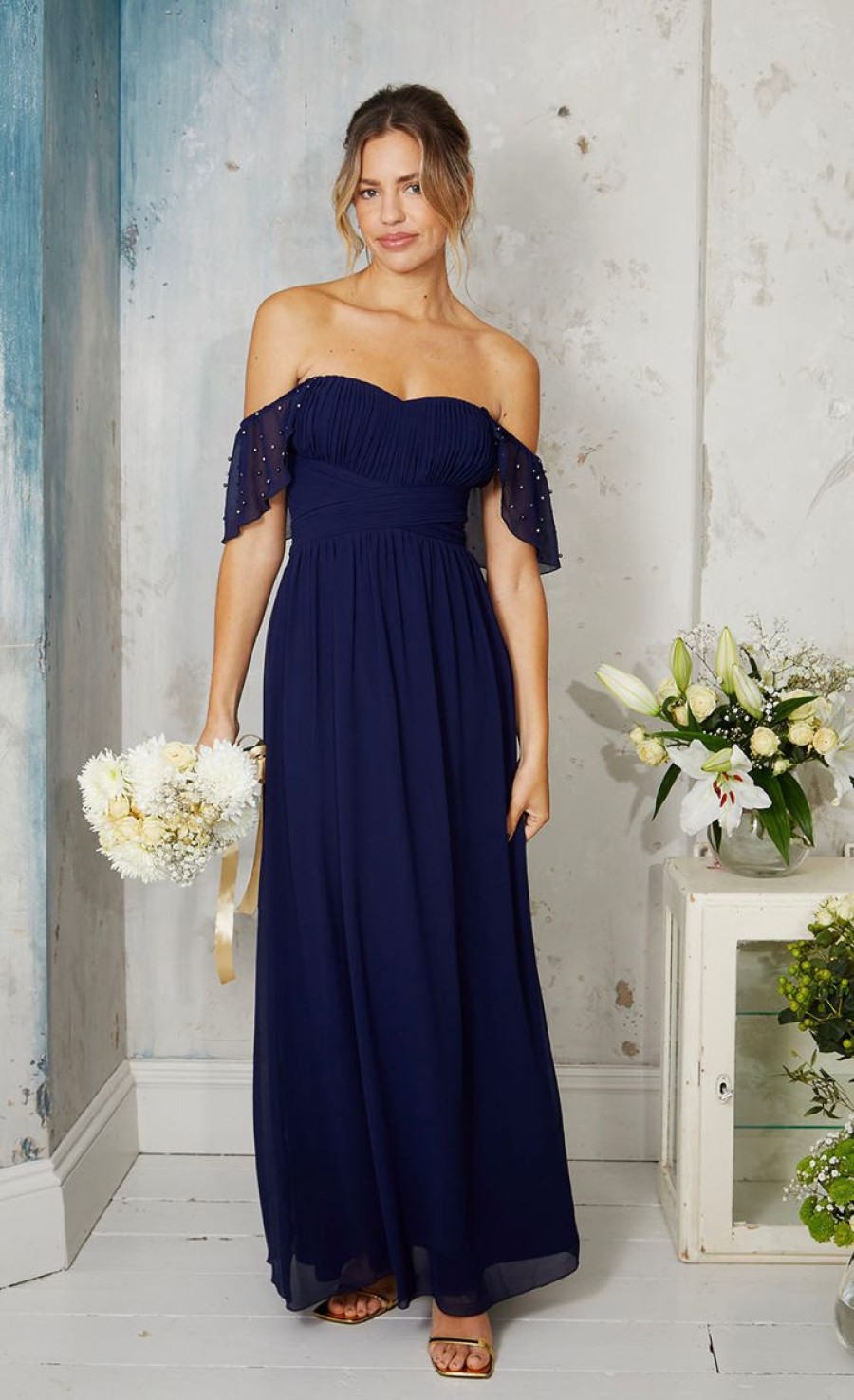 Clothing Little Mistress | Navy Embellished Sleeve Maxi Dress