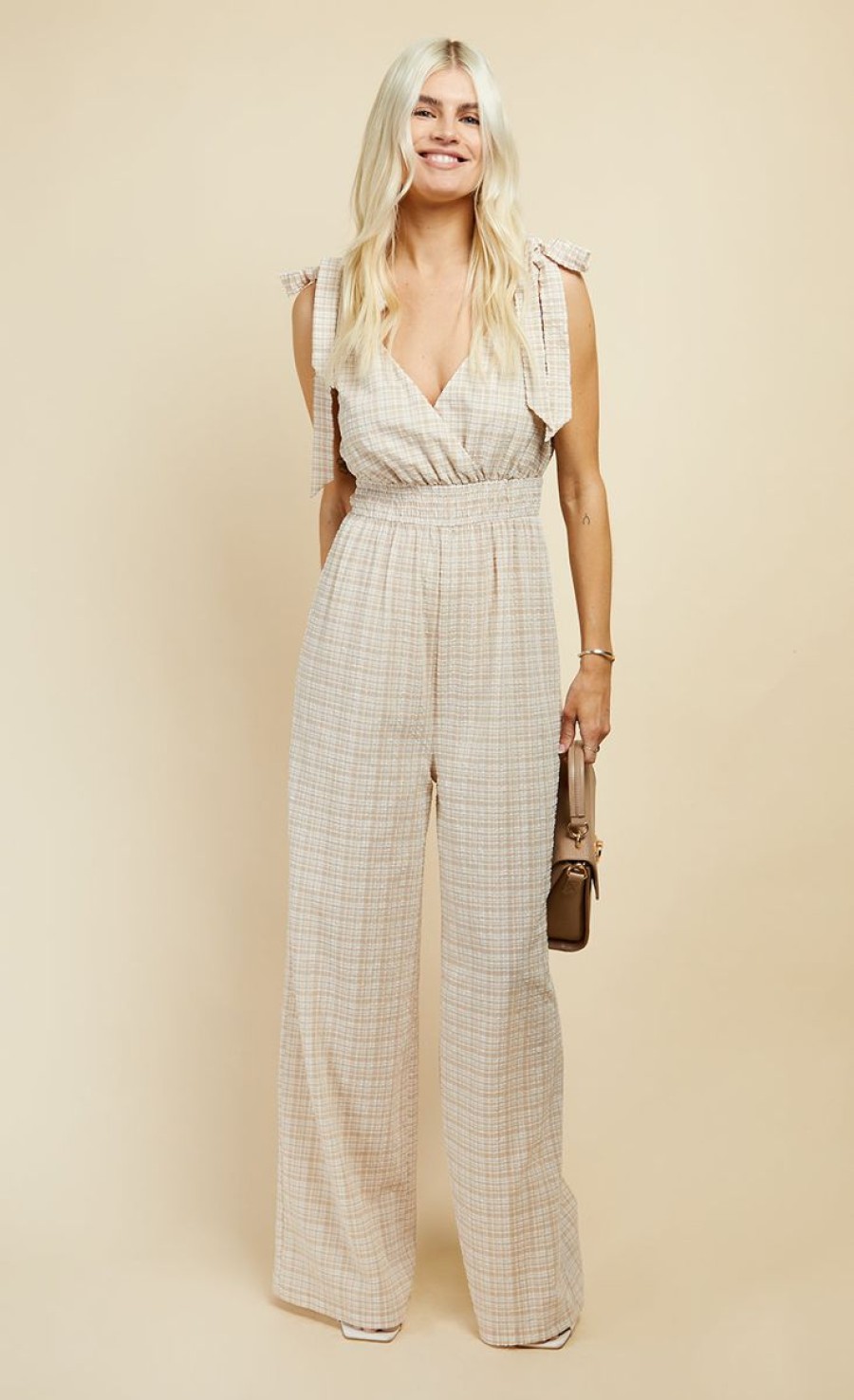 Clothing Little Mistress | Beige Check Tie Strap Jumpsuit