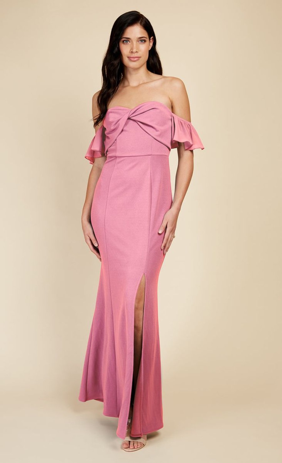 Clothing Little Mistress | Rose Quartz Twist Detail Bardot Maxi Dress