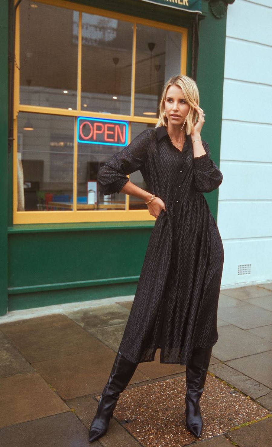 Clothing Little Mistress | Black Metallic Chevron Midaxi Shirt Dress By Vogue Williams