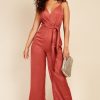 Clothing Little Mistress | Rust Satin Asymmetric Neck Jumpsuit