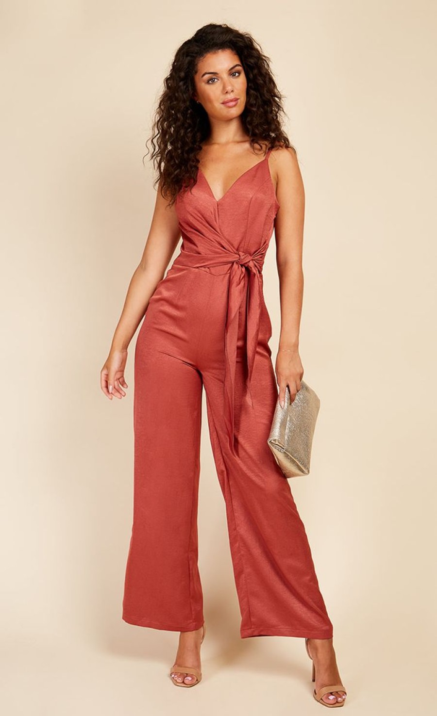 Clothing Little Mistress | Rust Satin Asymmetric Neck Jumpsuit