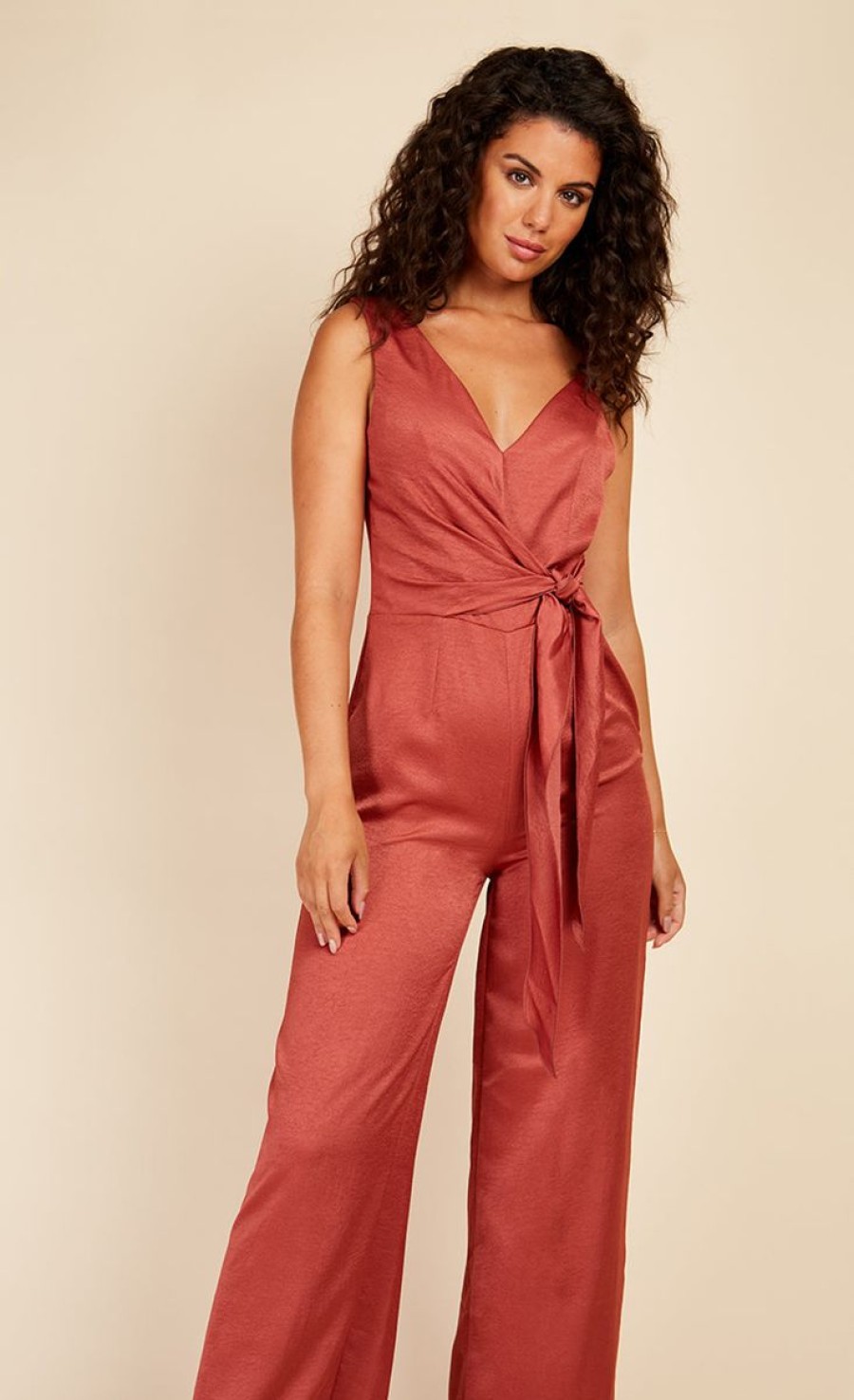 Clothing Little Mistress | Rust Satin Asymmetric Neck Jumpsuit