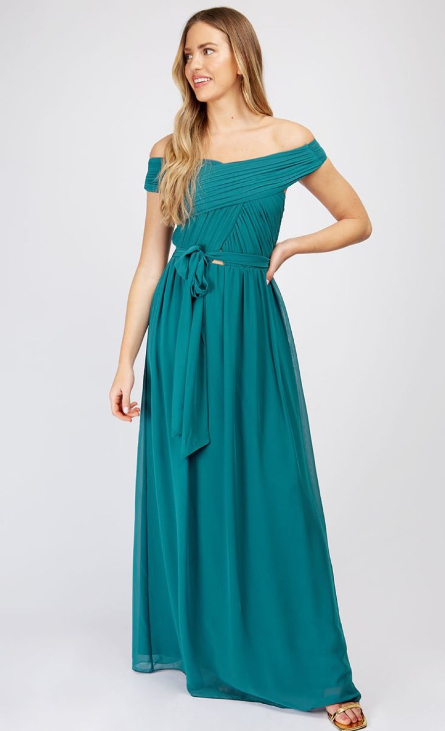 Clothing Little Mistress | Green Crossover Bardot Maxi Dress