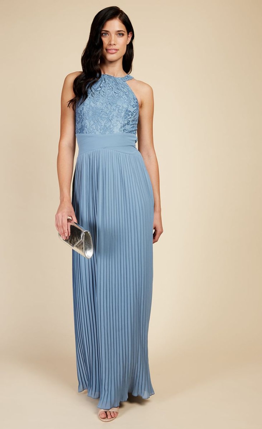 Clothing Little Mistress | Steel Blue Lace And Pleated Hem Maxi Dress