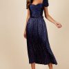 Clothing Little Mistress | Jackson Navy Gold Foil Satin Pleated Belted Midaxi Dress