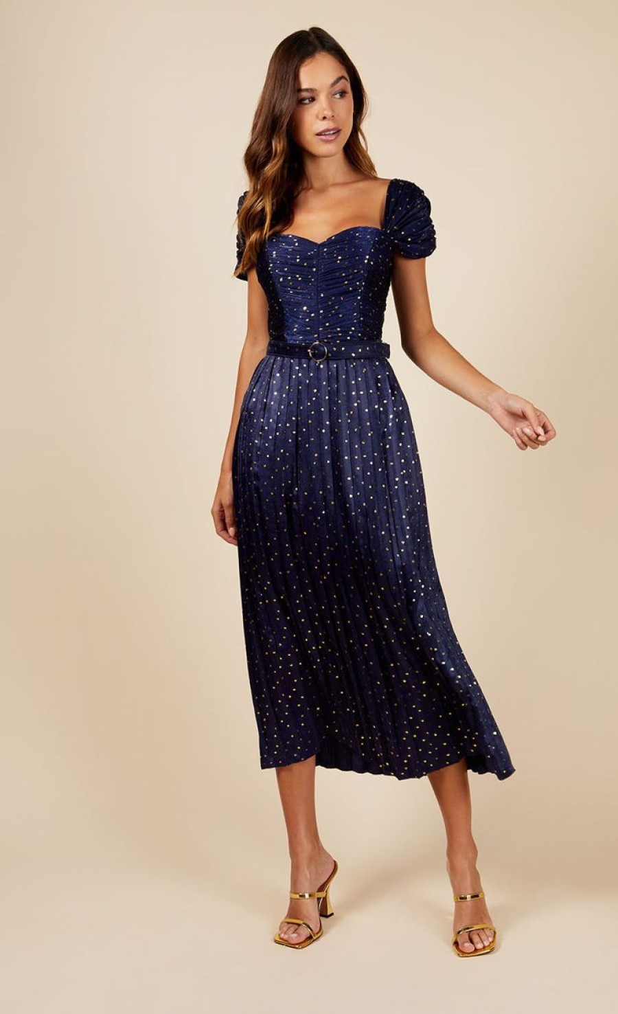 Clothing Little Mistress | Jackson Navy Gold Foil Satin Pleated Belted Midaxi Dress