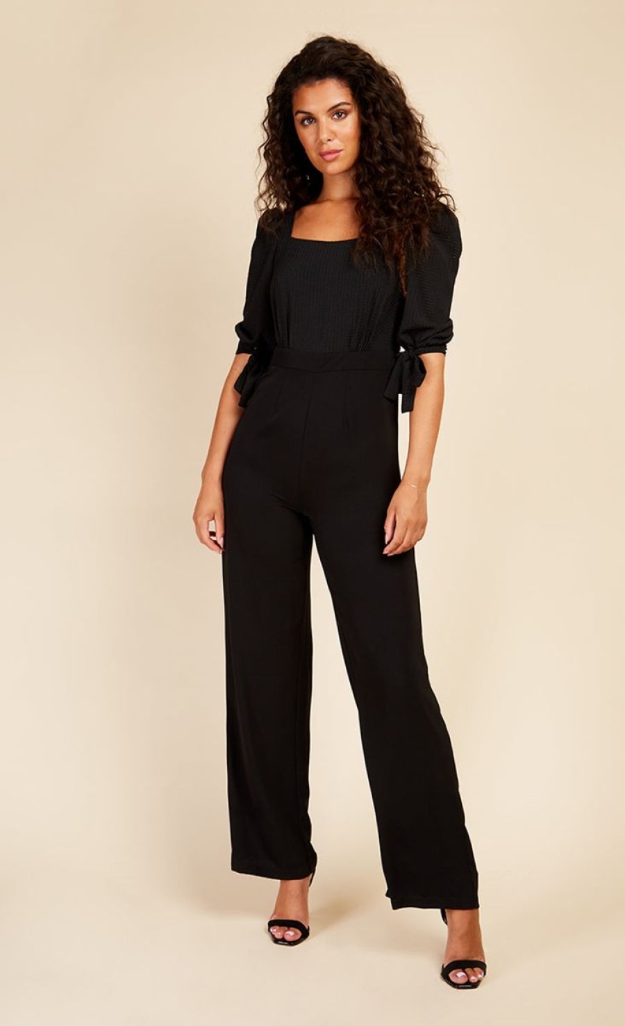 Clothing Little Mistress | Black Seersucker Jumpsuit