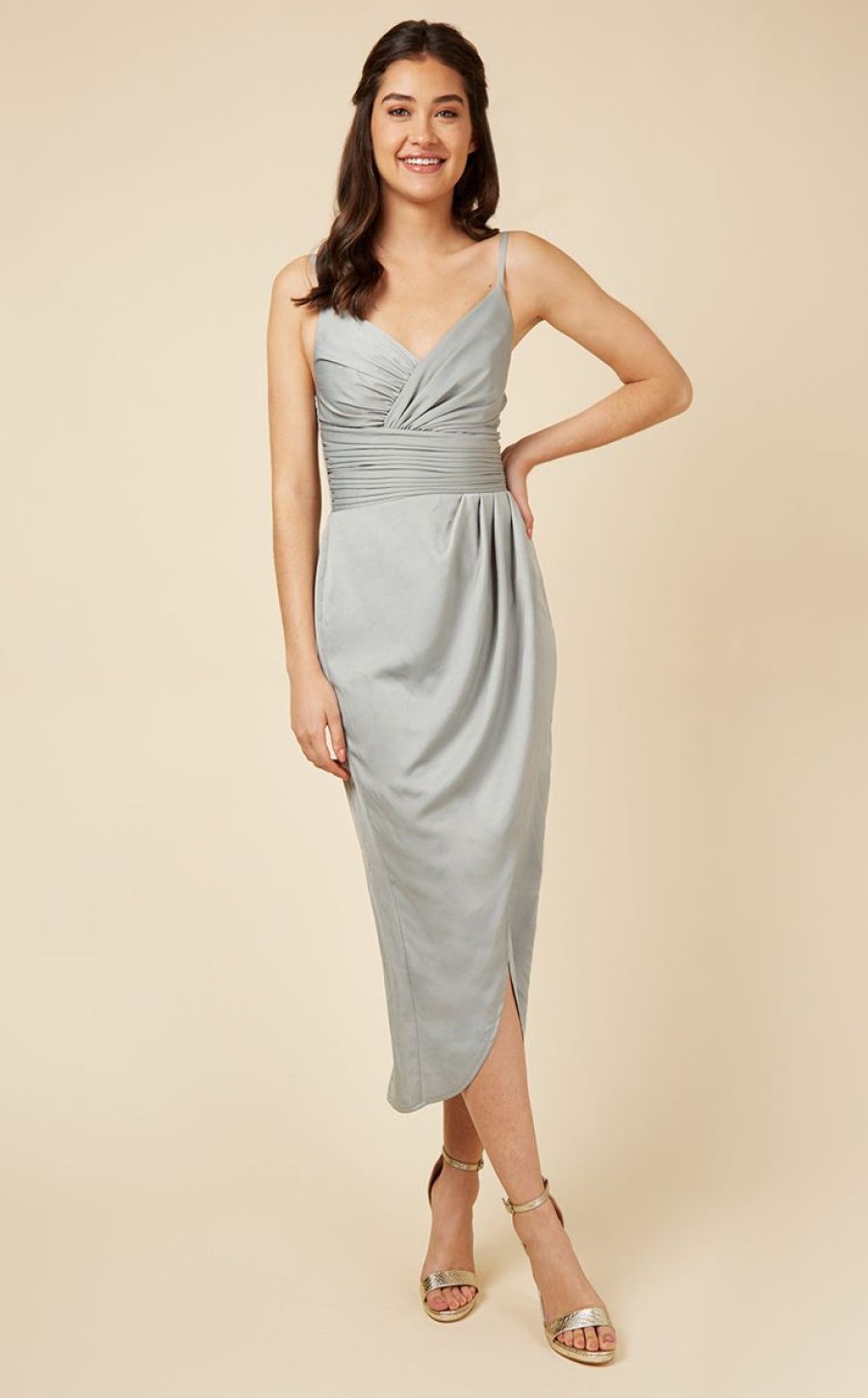 Clothing Little Mistress | Satin Mock Wrap Sage Midi Dress