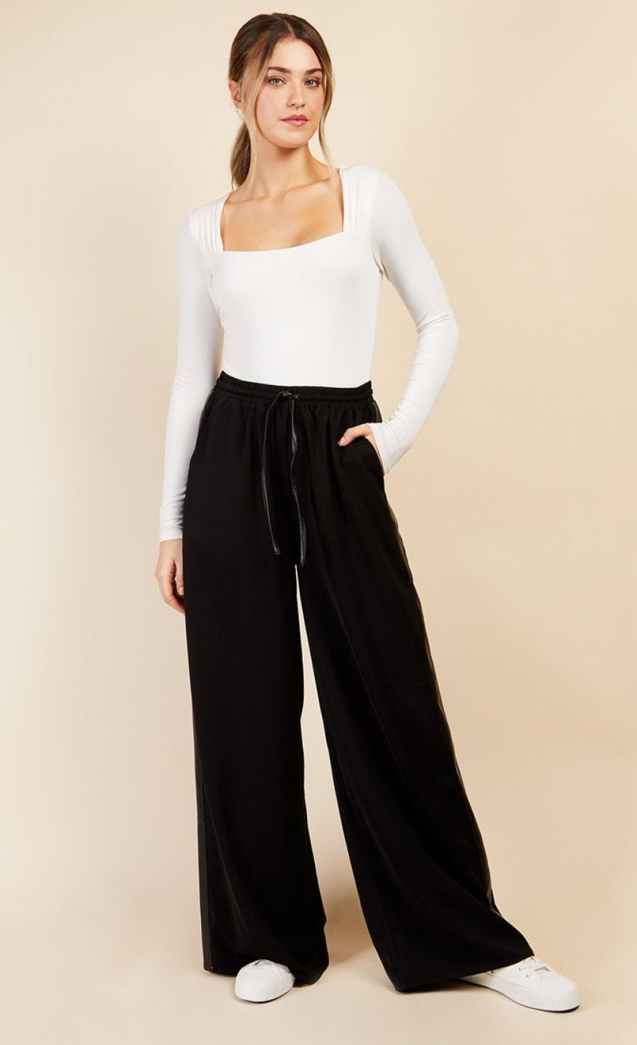 Clothing Little Mistress | Black Pu Side Stripe Trousers By Vogue Williams