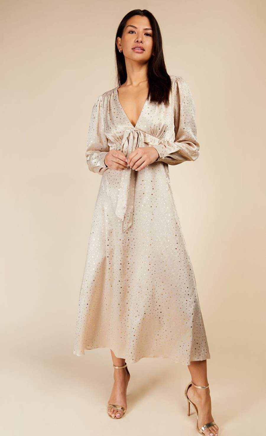 Clothing Little Mistress | Oyster Gold Star Foil Print Midaxi Dress