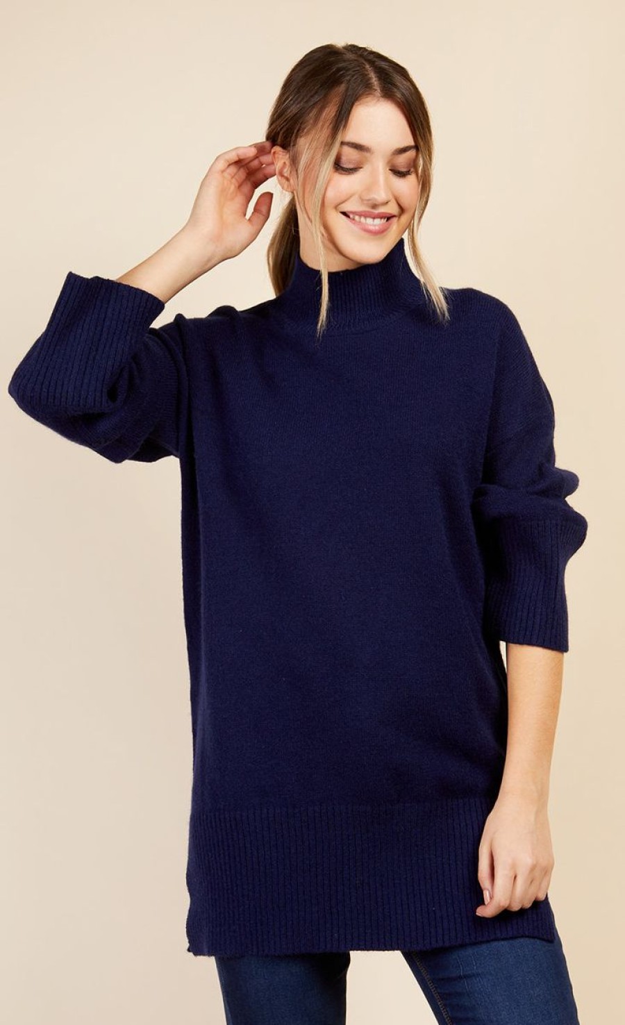 Clothing Little Mistress | Navy High Neck Knit Jumper By Vogue Williams