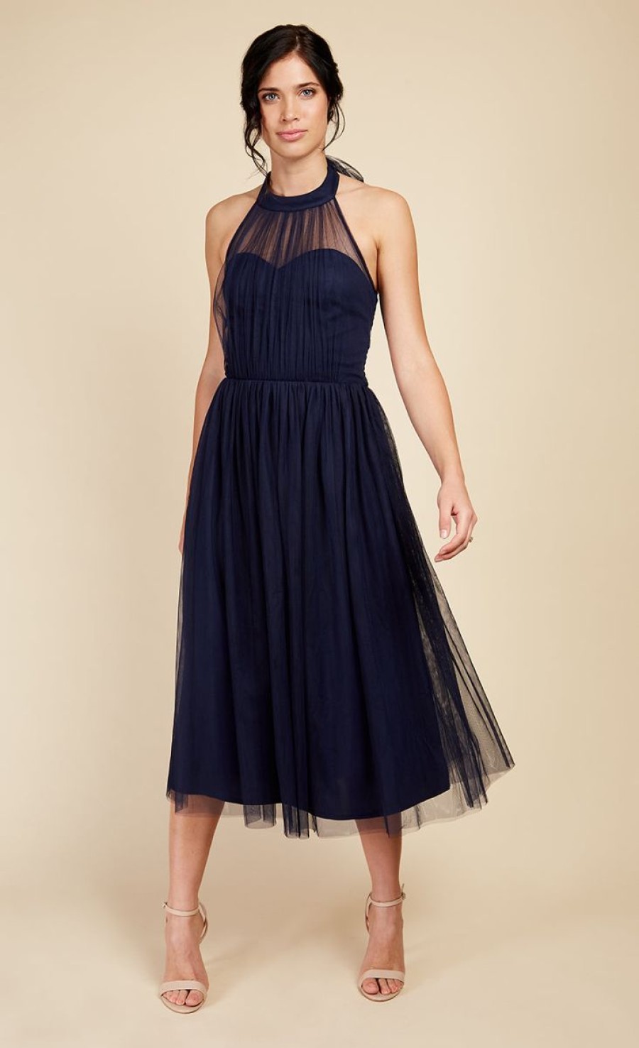 Clothing Little Mistress | Navy Tulle Halter Midi Dress