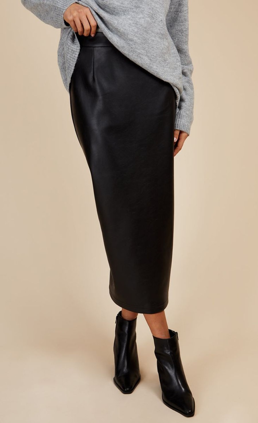 Clothing Little Mistress | Black Pu Midi Pencil Skirt By Vogue Williams