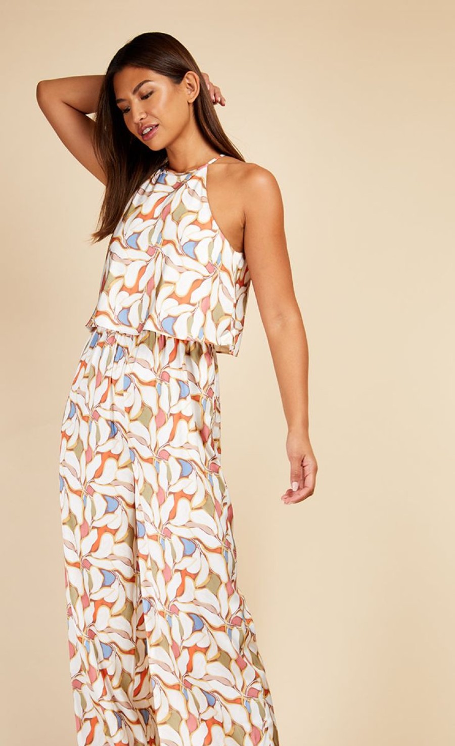 Clothing Little Mistress | Leaf Print Overlay Jumpsuit