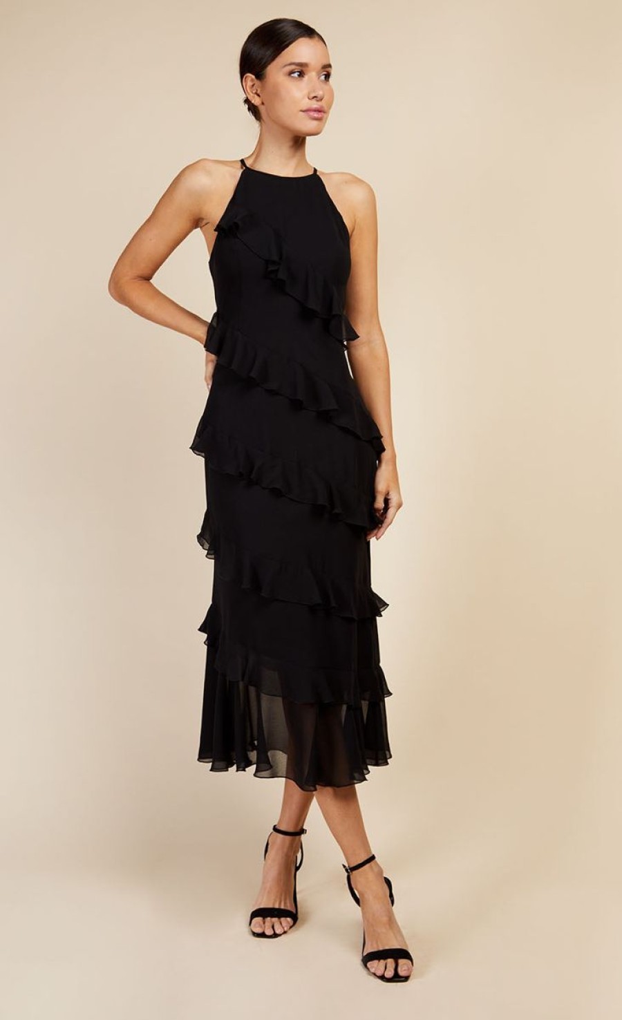 Clothing Little Mistress | Black Frill Midaxi Dress