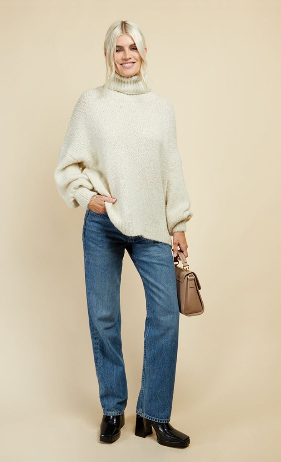 Clothing Little Mistress | Cream Wool-Blend High Neck Knit Jumper By Vogue Williams