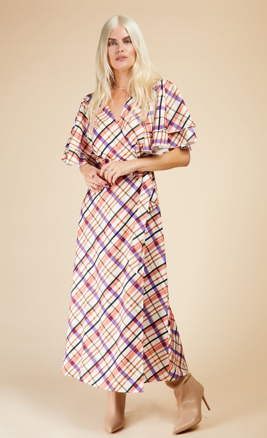 Clothing Little Mistress | Check Layered Sleeve Midaxi Wrap Dress