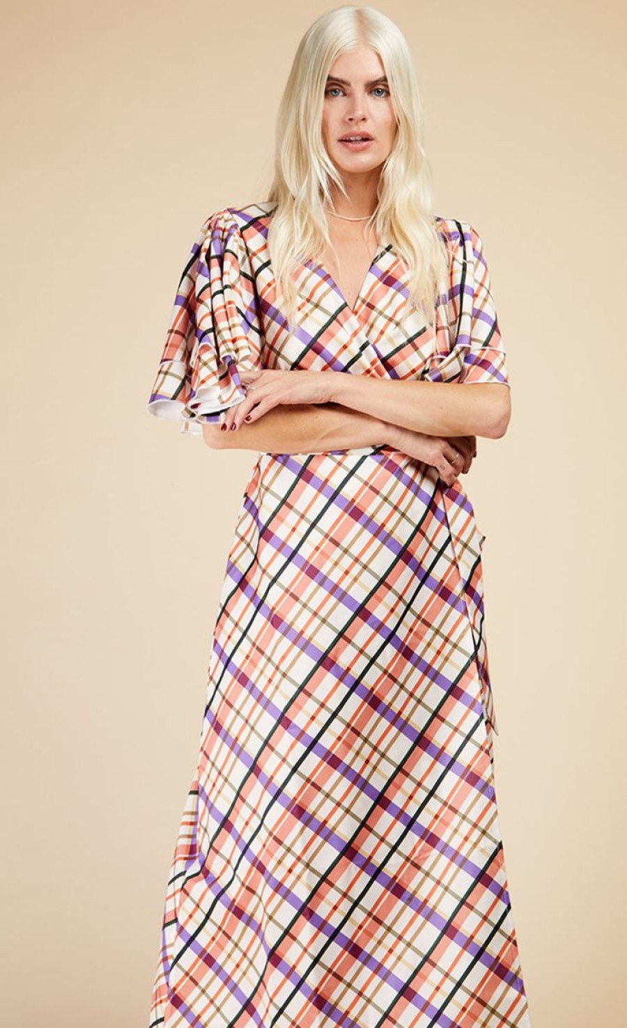 Clothing Little Mistress | Check Layered Sleeve Midaxi Wrap Dress