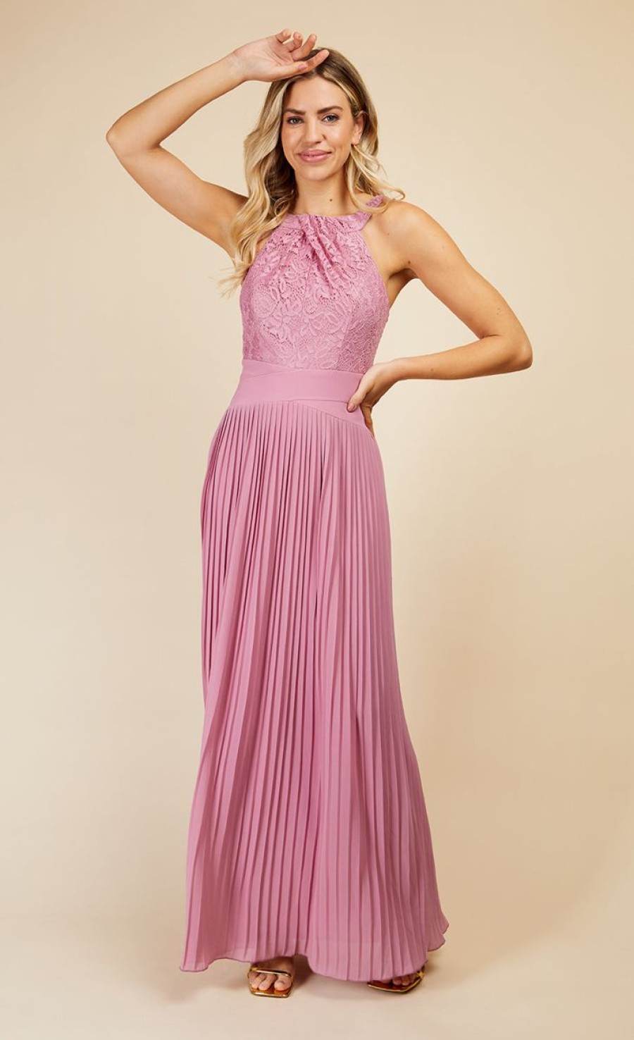 Clothing Little Mistress | Rose Quartz Lace And Pleated Hem Maxi Dress