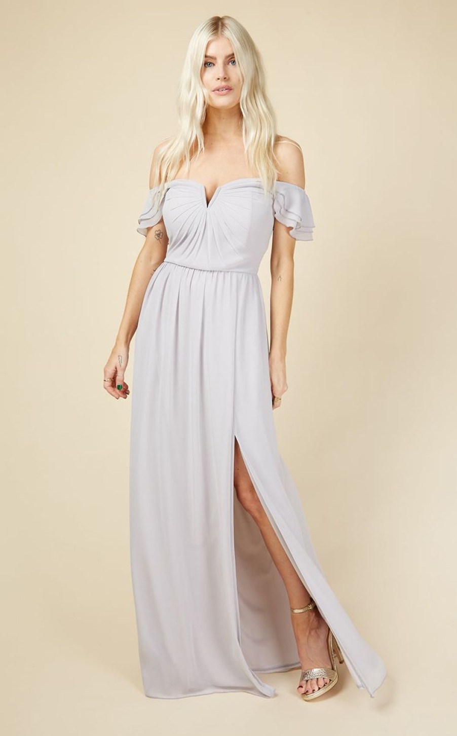 Clothing Little Mistress | Russo Ice Grey Bardot Draped Sleeve Maxi Dress