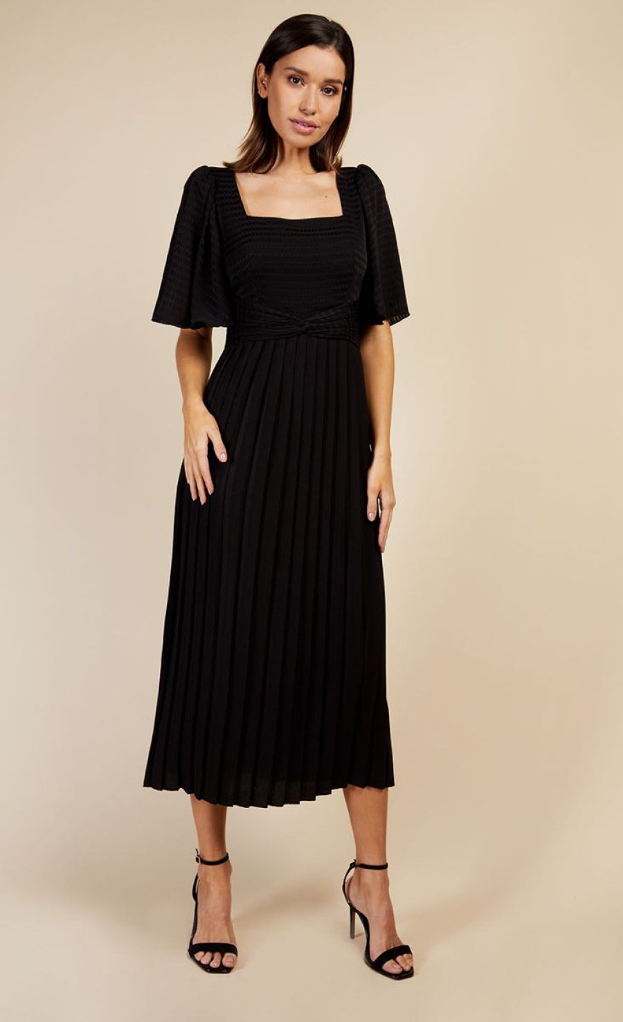 Clothing Little Mistress | Black Check And Pleated Hem Midi Dress