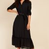 Clothing Little Mistress | Black Seersucker Midaxi Shirt Dress