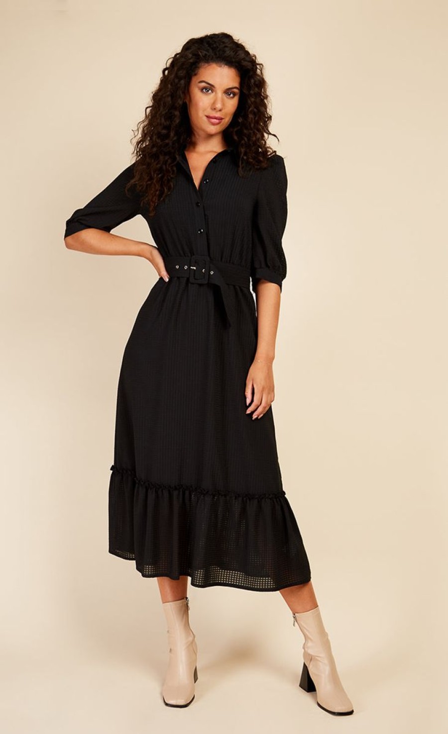 Clothing Little Mistress | Black Seersucker Midaxi Shirt Dress