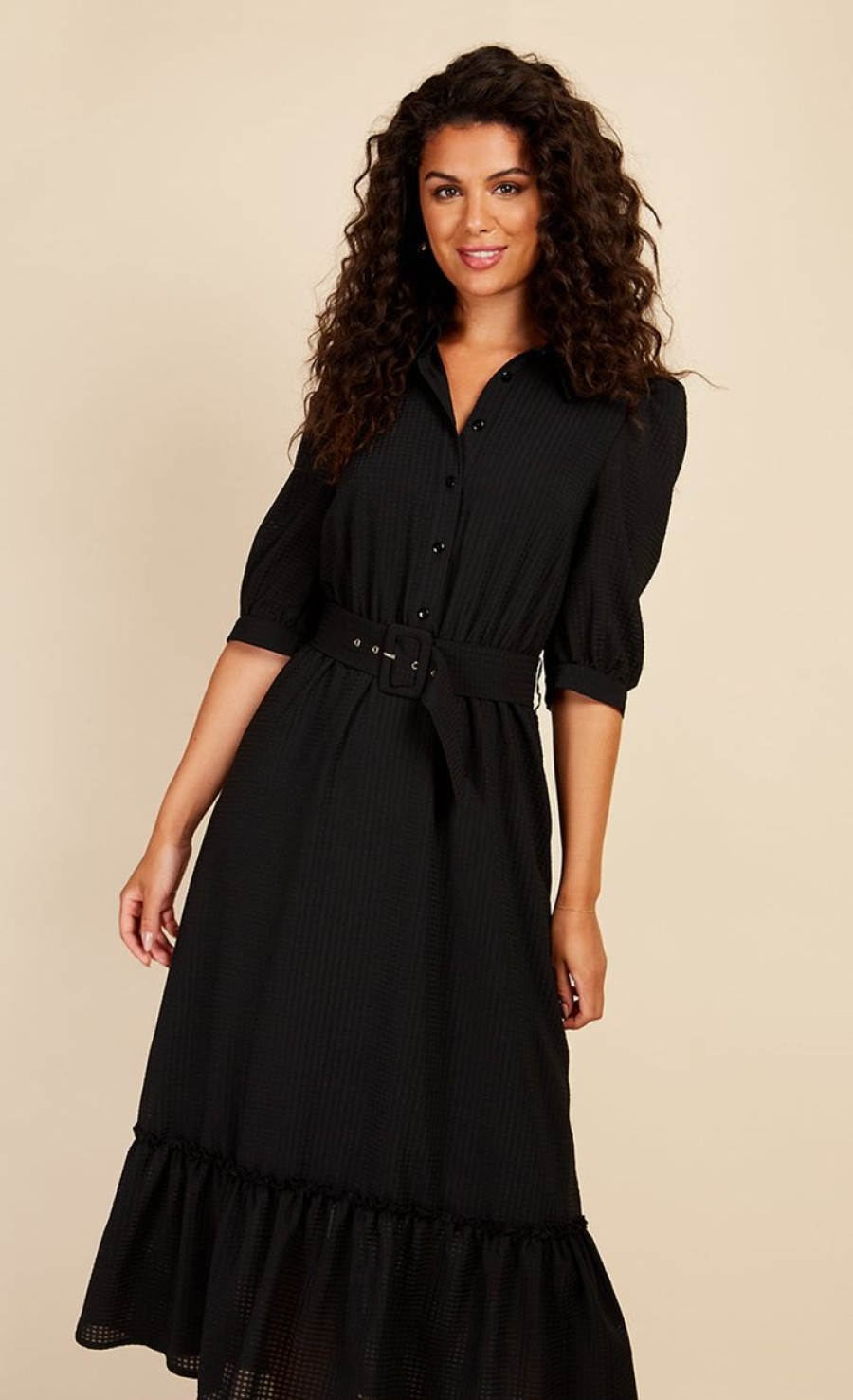 Clothing Little Mistress | Black Seersucker Midaxi Shirt Dress