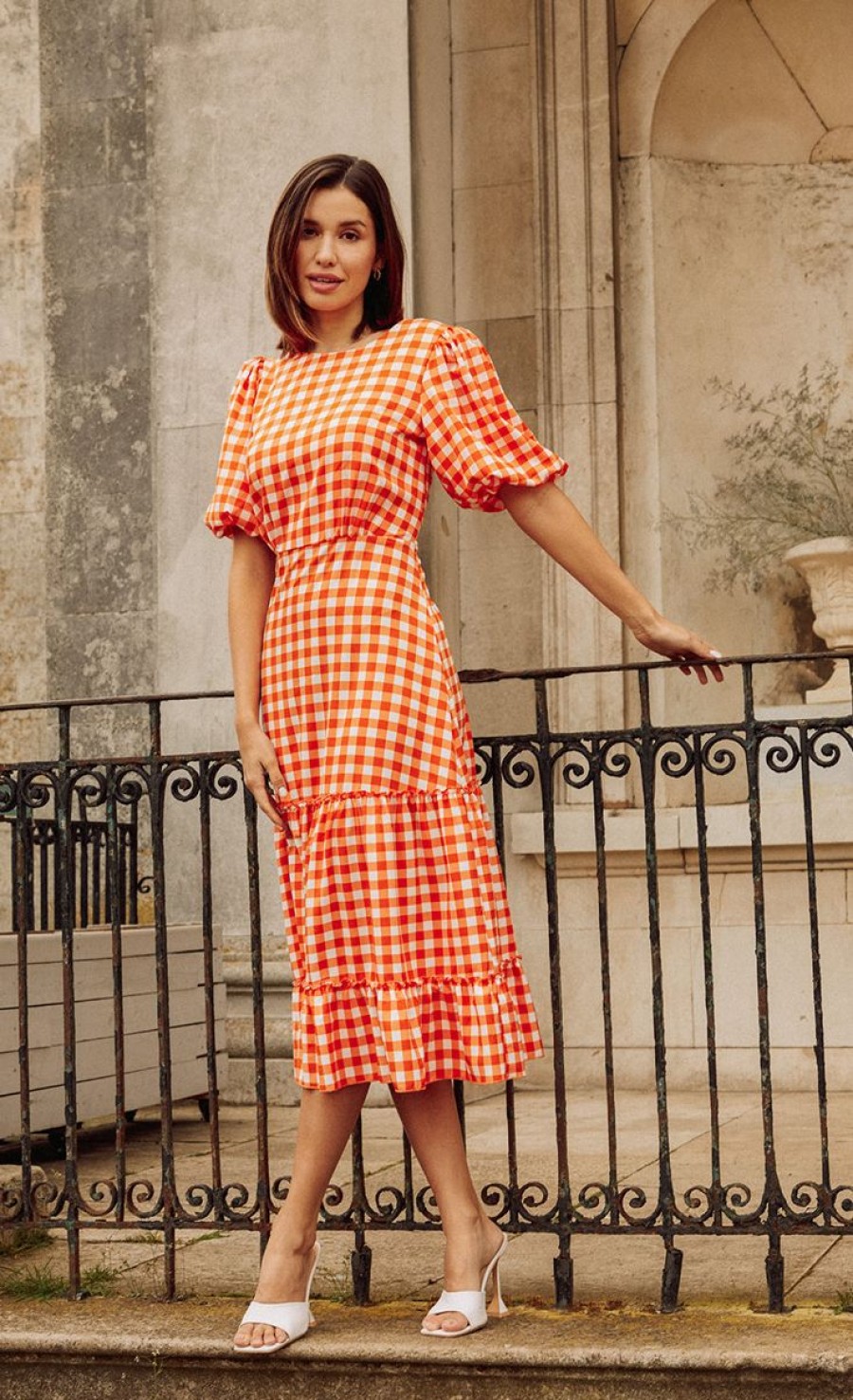 Clothing Little Mistress | Orange Gingham Tiered Midaxi Dress