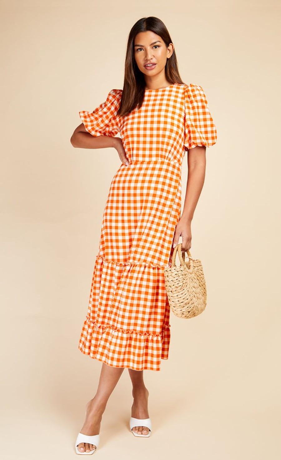 Clothing Little Mistress | Orange Gingham Tiered Midaxi Dress