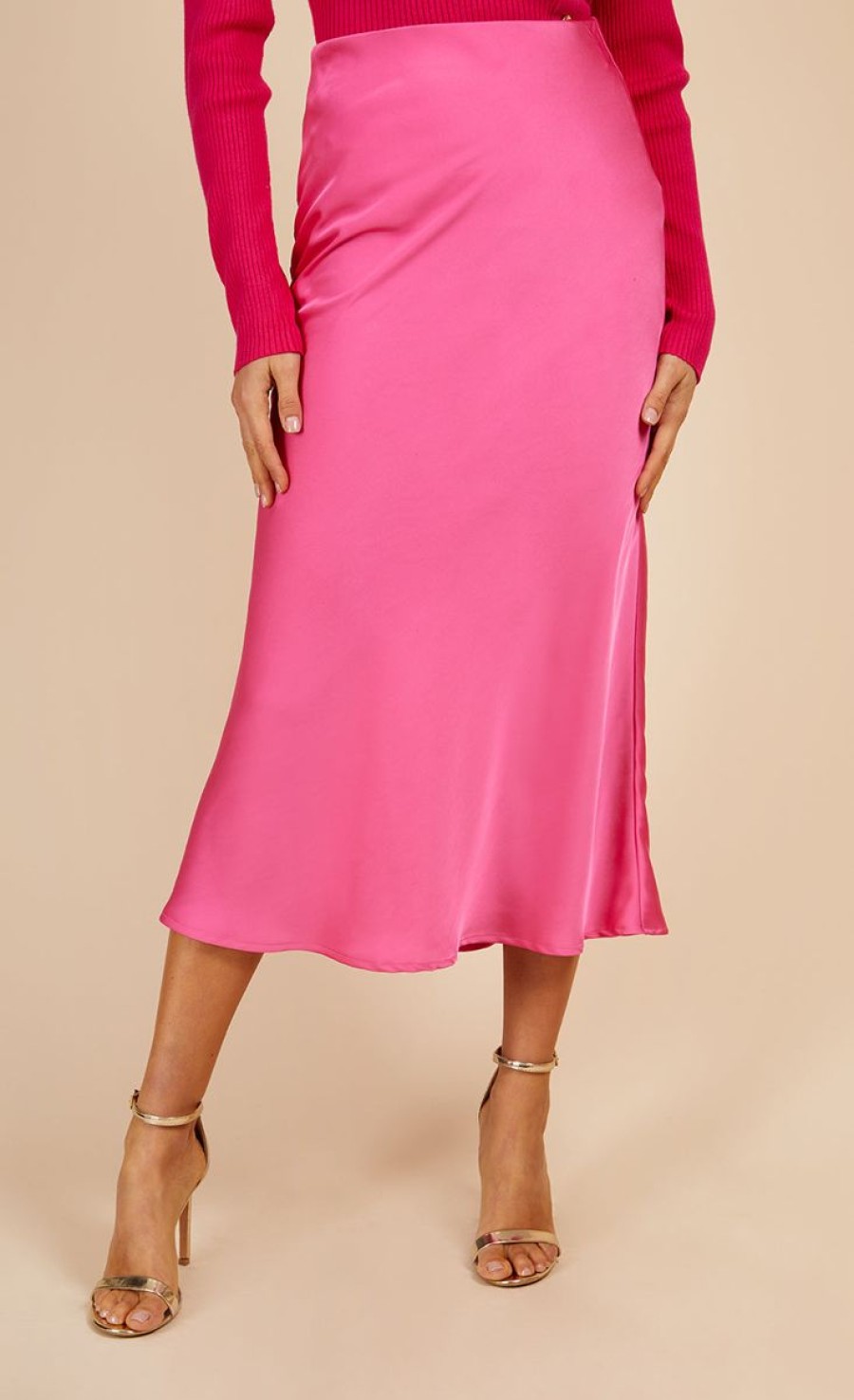 Clothing Little Mistress | Pink Satin Midi Slip Skirt By Vogue Williams