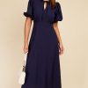 Clothing Little Mistress | Navy Textured Puff Sleeve Midaxi Dress