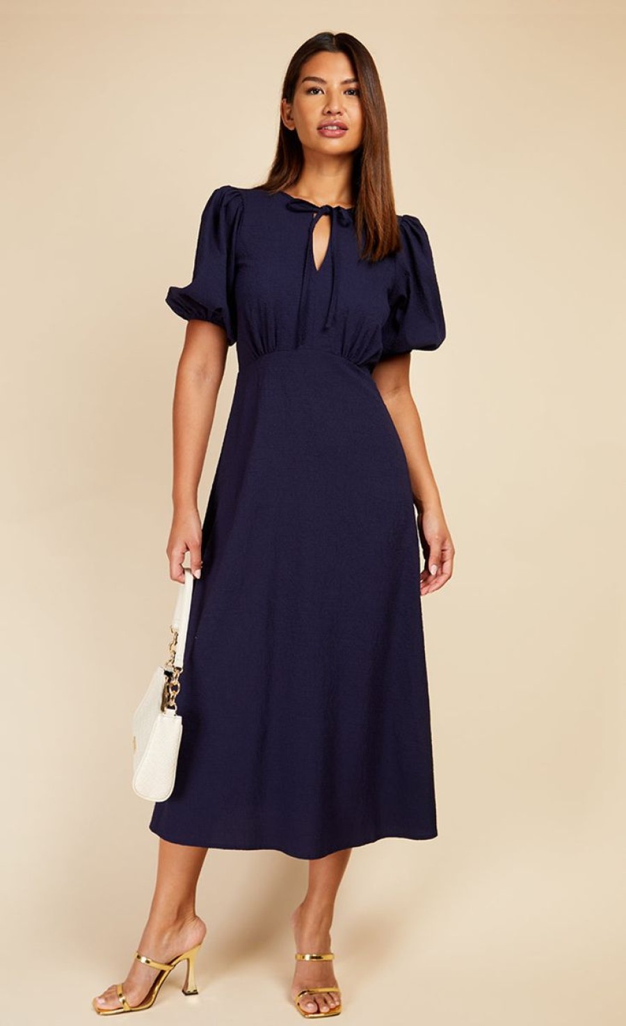 Clothing Little Mistress | Navy Textured Puff Sleeve Midaxi Dress