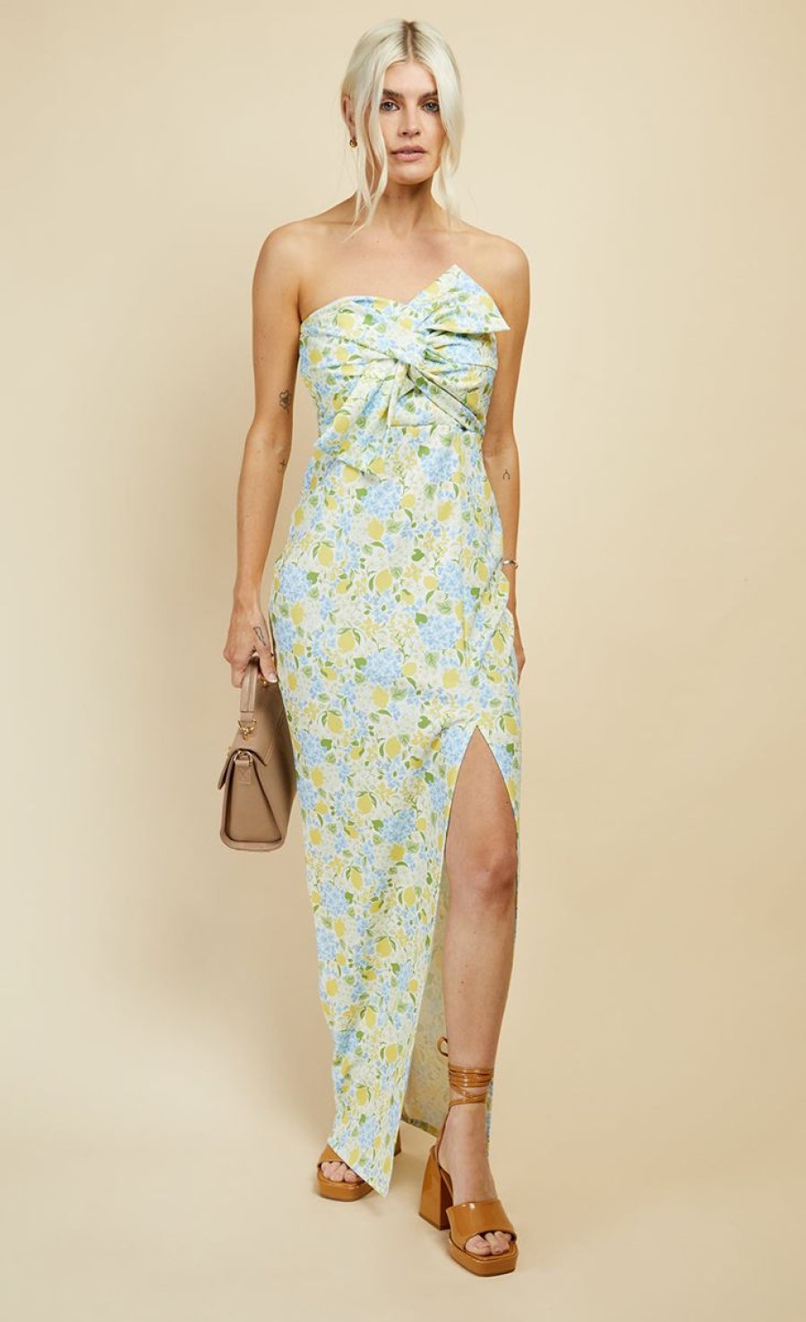 Clothing Little Mistress | Lemon Floral Print Bow Detail Bandeau Maxi Dress