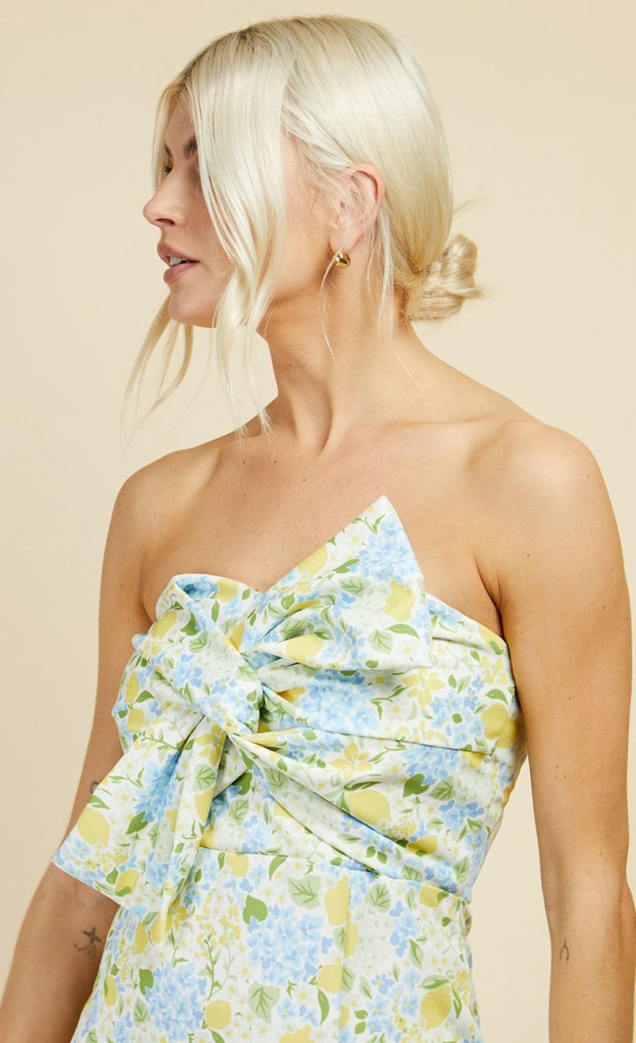 Clothing Little Mistress | Lemon Floral Print Bow Detail Bandeau Maxi Dress