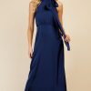 Clothing Little Mistress | Navy Satin Halter Tie Midaxi Dress