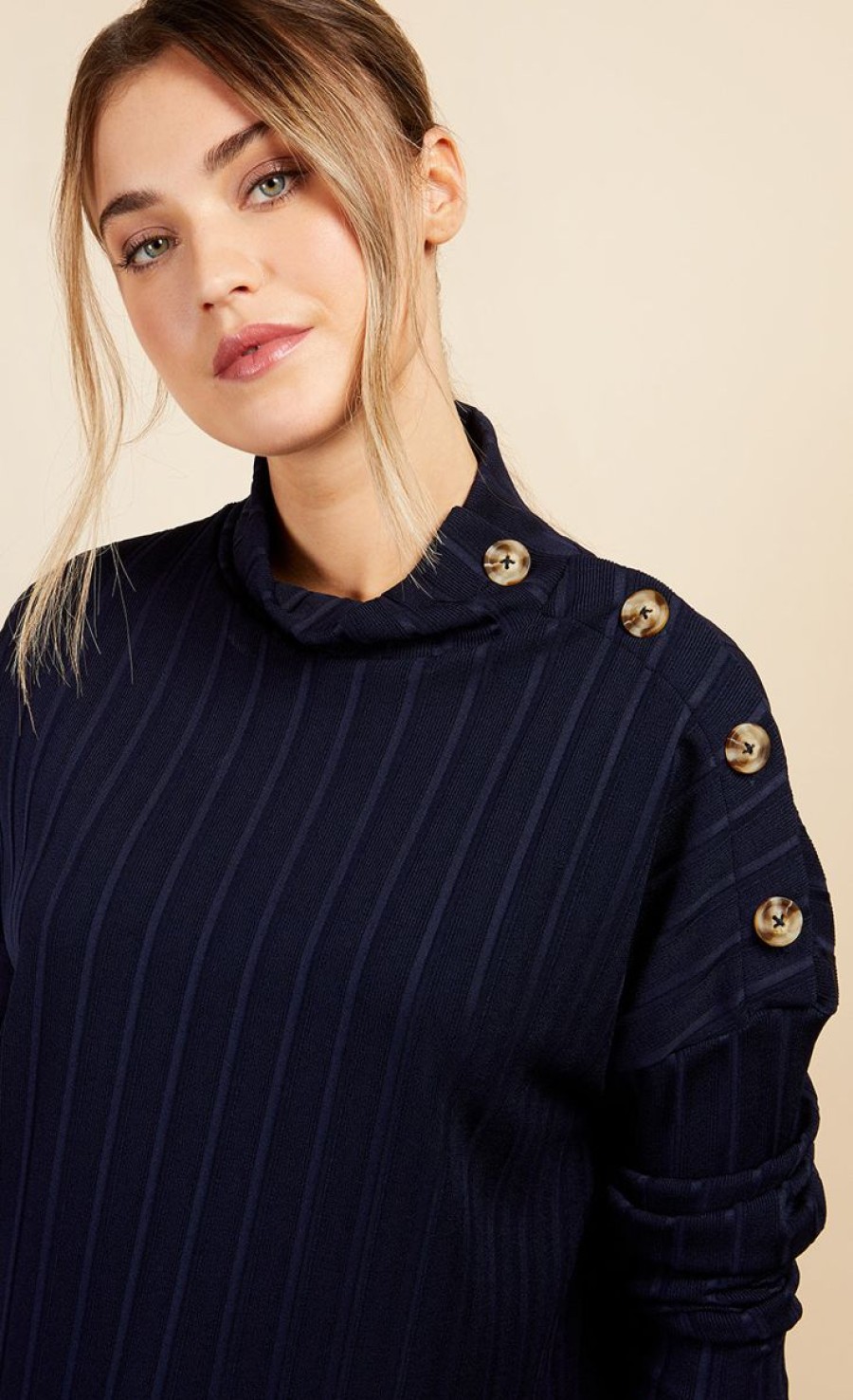 Clothing Little Mistress | Navy Button Detail Ribbed Top By Vogue Williams