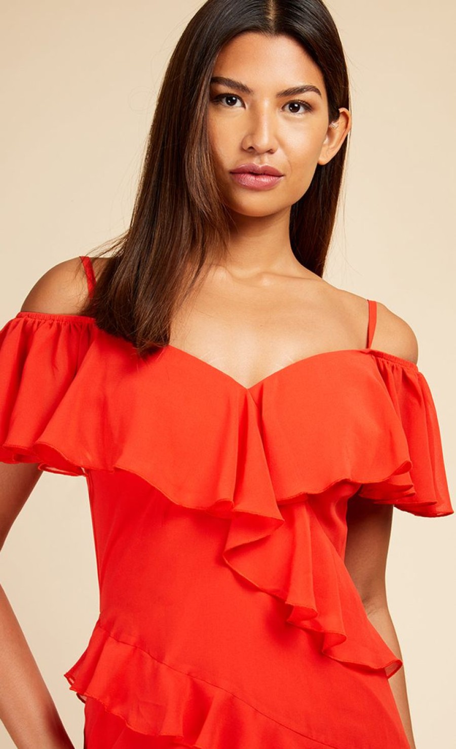 Clothing Little Mistress | Tomato Red Frill Cold Shoulder Midaxi Dress