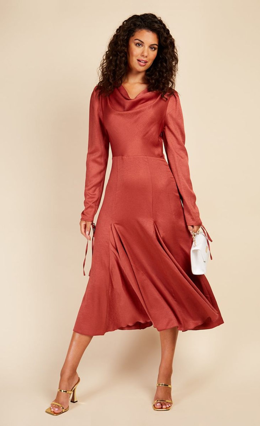 Clothing Little Mistress | Rust Satin Cowl Neck Midaxi Dress