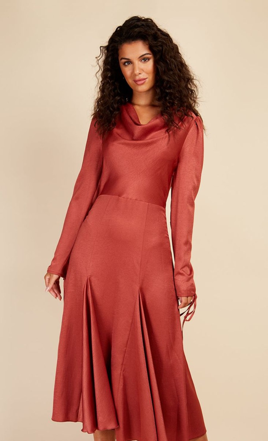 Clothing Little Mistress | Rust Satin Cowl Neck Midaxi Dress