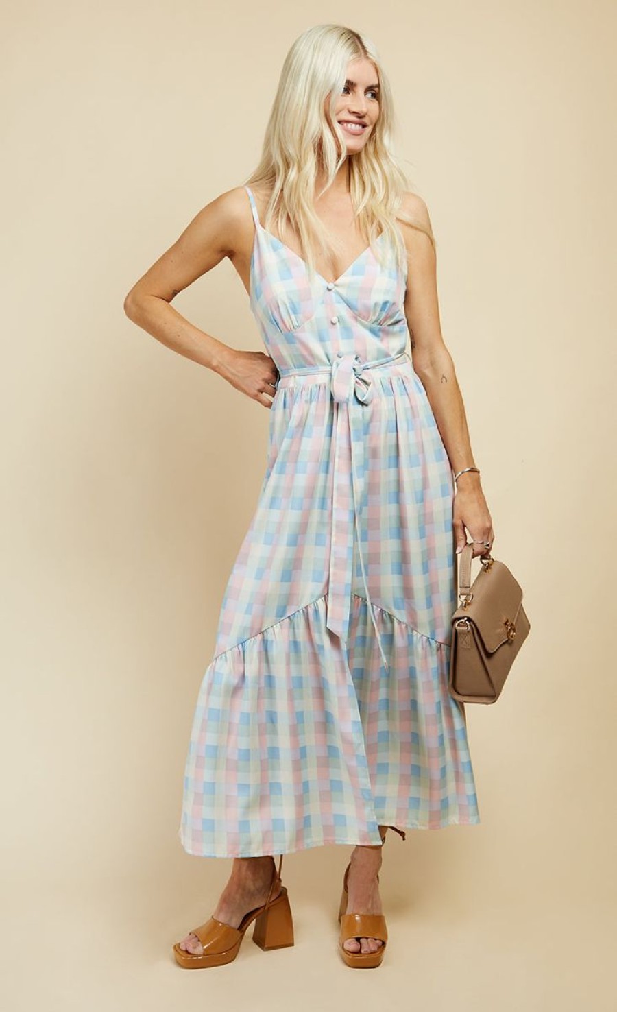 Clothing Little Mistress | Pastel Check Button Detail Midi Dress