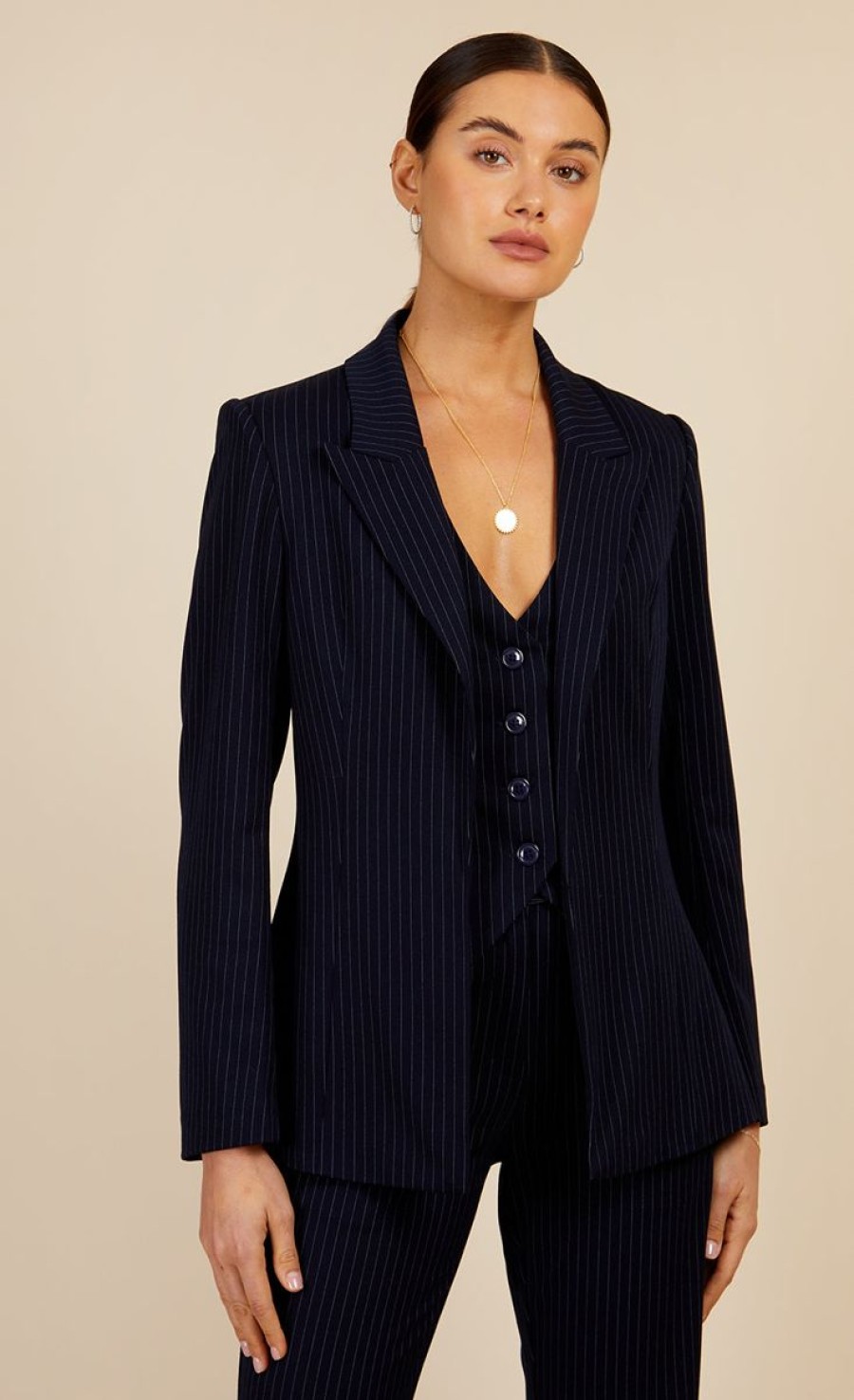 Clothing Little Mistress | Navy Pinstripe Blazer Jacket By Vogue Williams